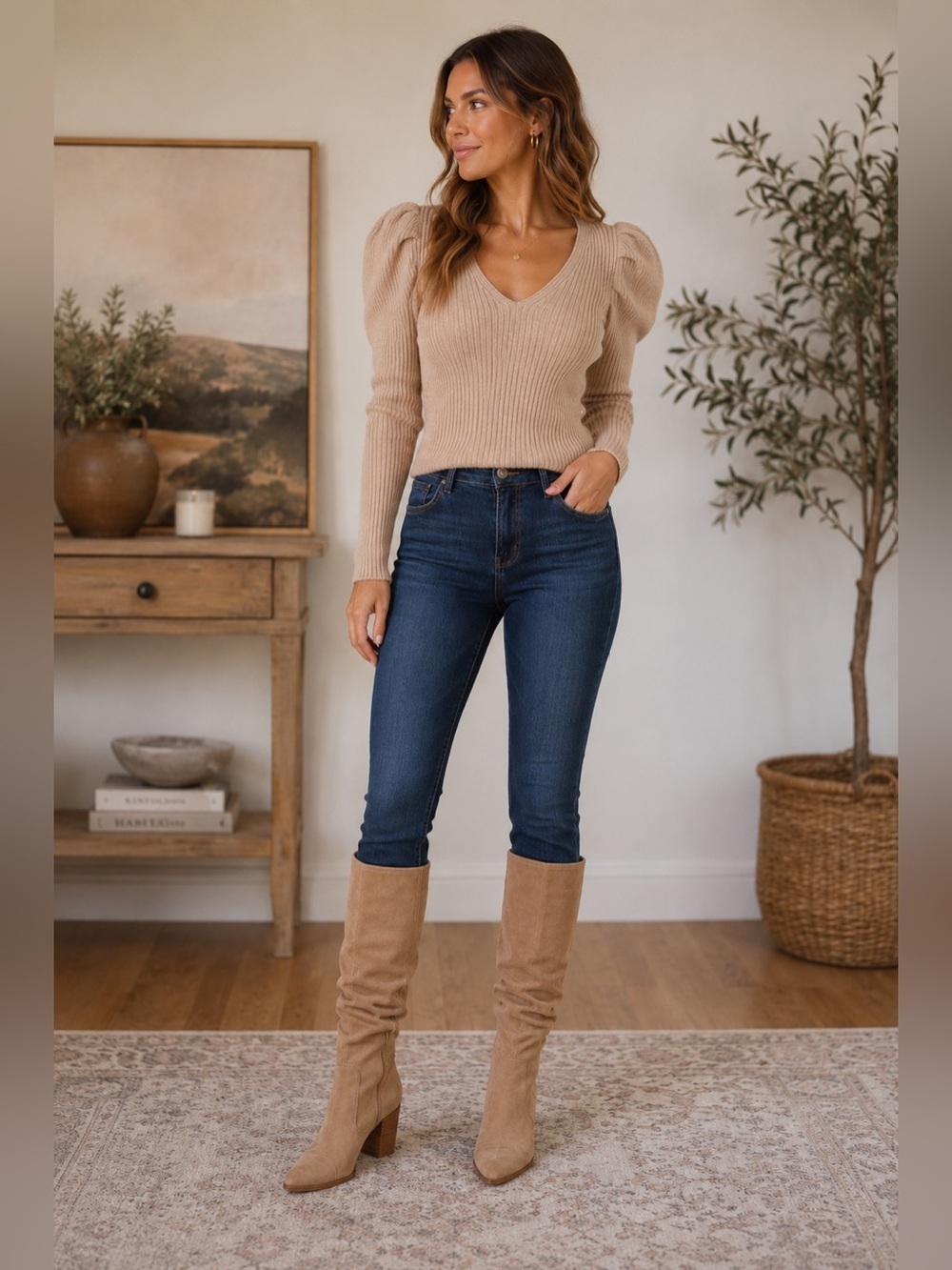 Pretty garden long sleeve V-neck rib, knit sweater, puff sleeves in large NWT